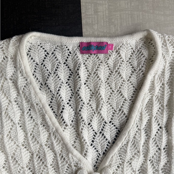 Edikted White Crochet Sweater Dress M Boho Hippie Fit & Flare Bell Sleeve Knit - Picture 4 of 7